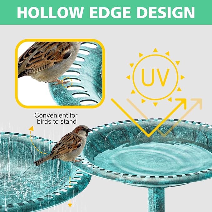 Bird Bath for Outside with 4 Removable Flower Planters 28in Polyresin Lightweight Vintage Birdbath Stake Standing Bowl and Water Feeder Yard Gardan Decor Green-VerdiqueGarden