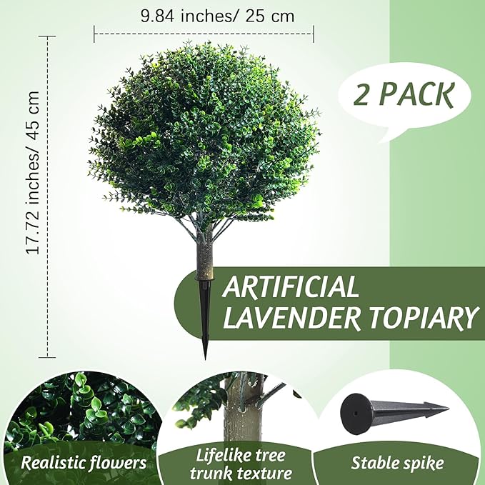 Yunlly 6 Pcs 18 Inch Artificial Boxwood Ball Topiary Tree Fake Outdoor Plants Bush, UV Resistance Faux Shrubs with Spike Realistic Greenery Potted for Indoor Garden Yard Porch Patio Decor (Dark Green)-VerdiqueGarden