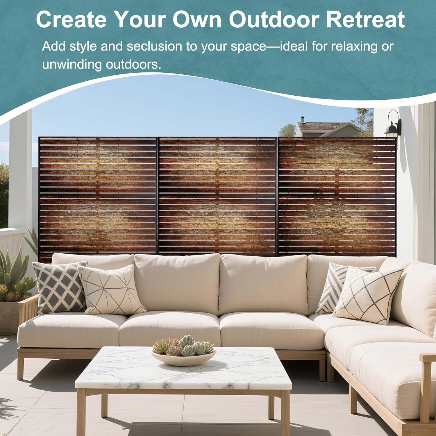 Metal Privacy Screen Outdoor Freestanding Privacy Wall Panels and Decorative Patio Dividers,Crafted from Steel with Sun-Proof Design,Ideal for Patio,Garden,72" H×47" L（Wooden&Vintage-3 Panels-VerdiqueGarden