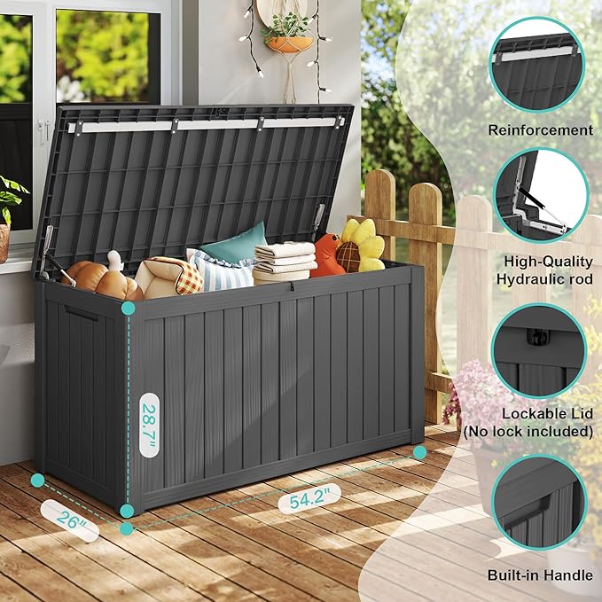 150Gal Outdoor Deck Box Waterproof, Lager Patio Storage Box Indoor and Outdoor Use, Lockable Resin Storage Bin for Patio Furniture Cushions Garden Tools, Package Delivery,UV Resistant-Black-VerdiqueGarden