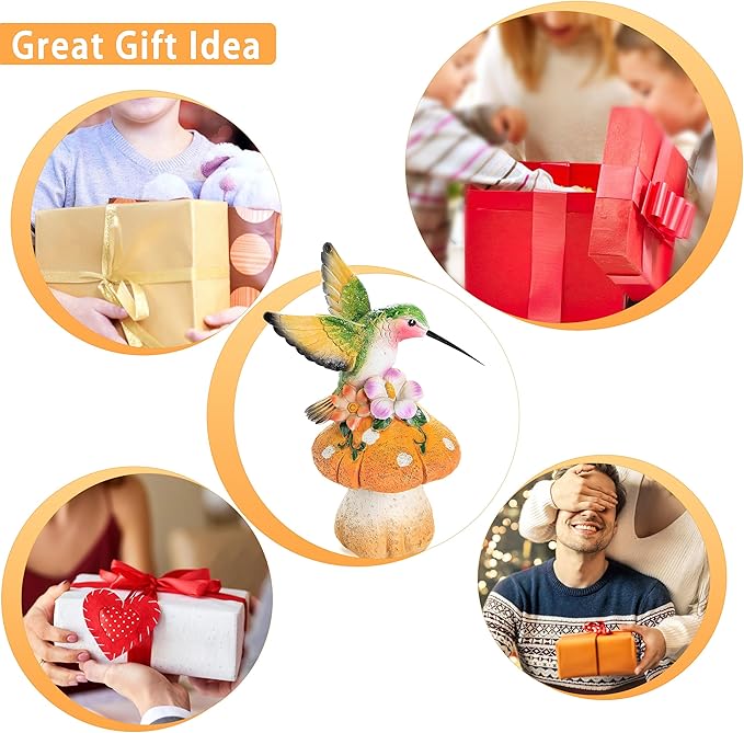 Hummingbird Stand on Mushroom for Garden Decorations,Hummingbird Statue for Outdoor Backyard Yard Porch Patio Lawn Outside Indoor Home Shelf Decor Accents,Bird Sculpture Figurine-VerdiqueGarden