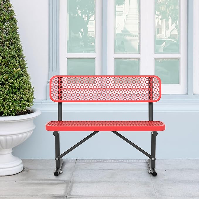 4/6/8 Feet Park Bench for Outside Heavy Duty Metal, Garden Benches Outdoor Bench with Backrest & Portable Frame, for Shopping Malls Stores Parks Patios Decks, Red-VerdiqueGarden