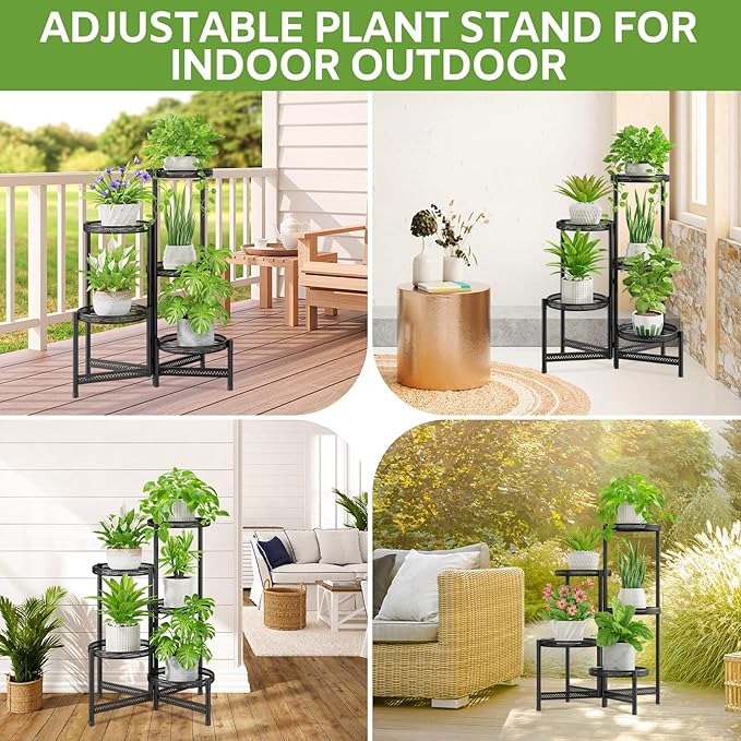iDavosic.ly 5 Tier Large Plant Stand Indoor with 10-Inch Wide Drainage Tray, Tiered Corner Metal Outdoor Flower Display Holder Shelf, Folding Tall Rack for Patio Porch Balcony, Black Iron Carving-VerdiqueGarden