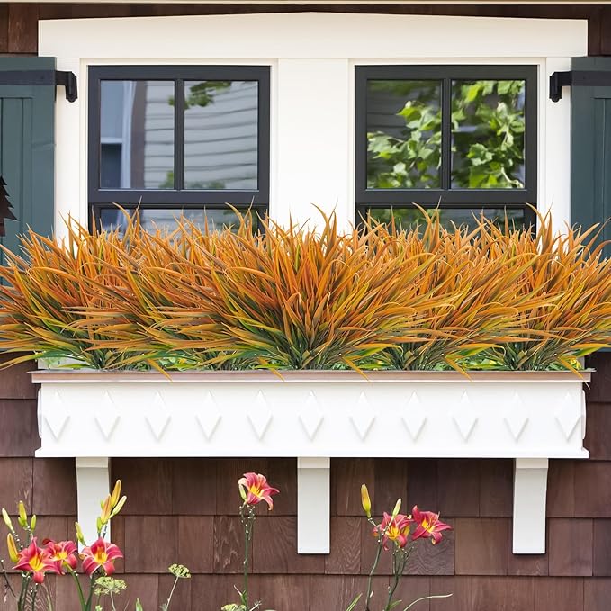 Uieke 6 Bundles Artificial Outdoor Plants UV Resistant Fake Grass Plants Faux Plastic Plants Greenery Shrubs for Home Garden Pathway Window Box Front Porch Summer Fall Decor, Autumn Orange-VerdiqueGarden