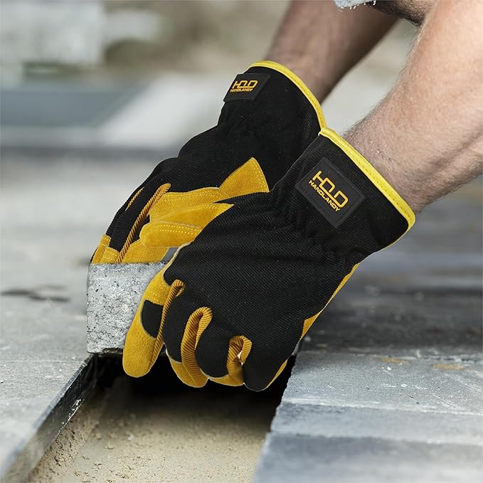 HANDLANDY Leather Work Gloves for Men & Women, Reinforced Durable Garden Gloves, Cowhide Working Glove for Gardening-VerdiqueGarden