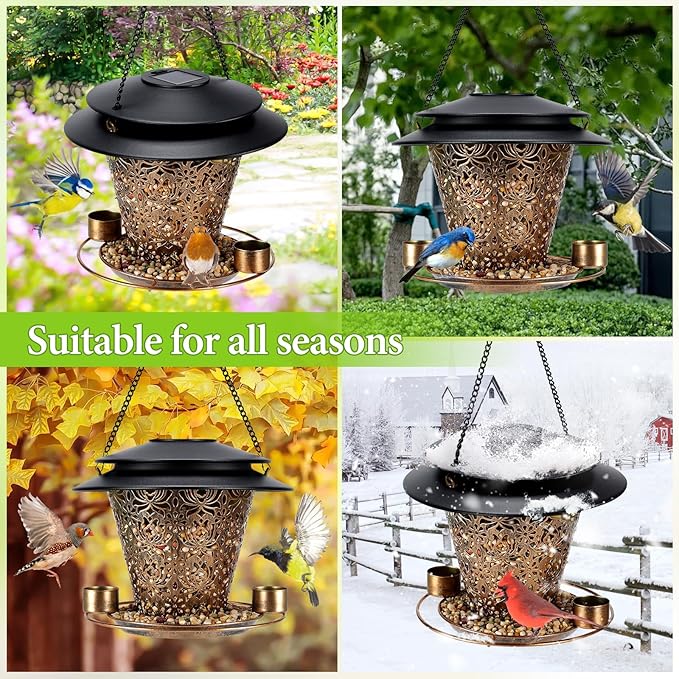 Solar Bird Feeders for Outside Hanging Metal Wild Bird Feeder Solar Lanterns Outdoor Waterproof Garden Decor for Yard Brown-VerdiqueGarden
