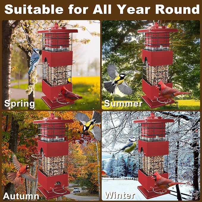 Squirrel Proof Bird Feeder, 3LBS Large Capacity Hanging Bird Feeders for Outdoors, Weight-Activated Perches Metal Anti-Squirrel Birdfeeder for Blue Jay, Cardinal, Outside (Red)-VerdiqueGarden