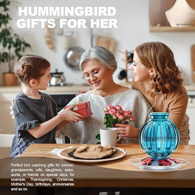 Glass Hummingbird Feeder for Outdoors Hanging, 26Oz Bird Nectar Feeder with Perch & 5 Flower Feeding Ports, Leak Proof for Outside Garden Decor Backyard, Gifts for Women Mom, Blue-VerdiqueGarden