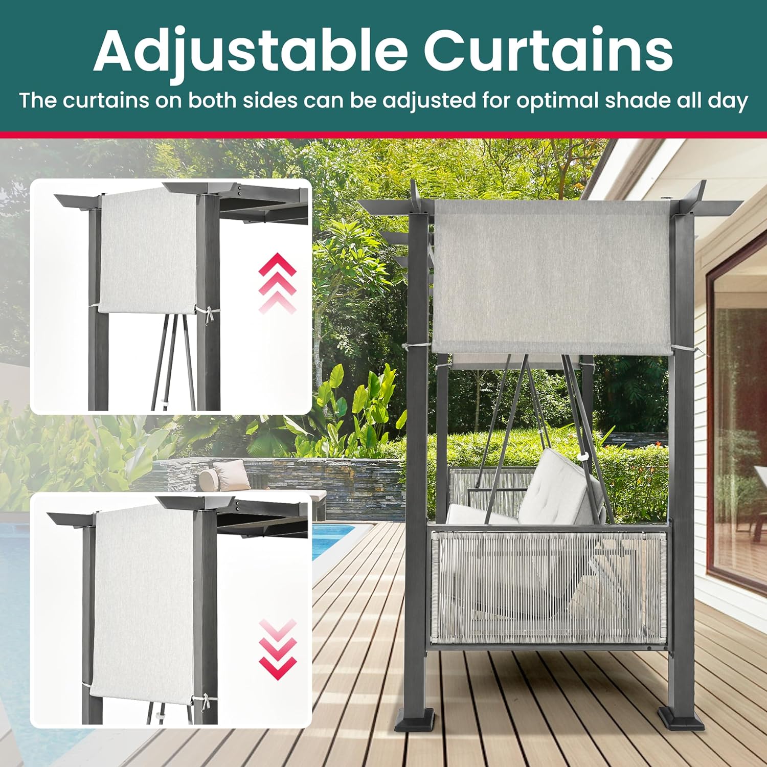 Pamapic 2-in-1 Convertible Porch Swing Bed, 3-Seat Elegant Patio Swing with Wicker Armrests, Outdoor Chair with Adjustable Canopy for Balcony, Garden, and Poolside, Gray-VerdiqueGarden