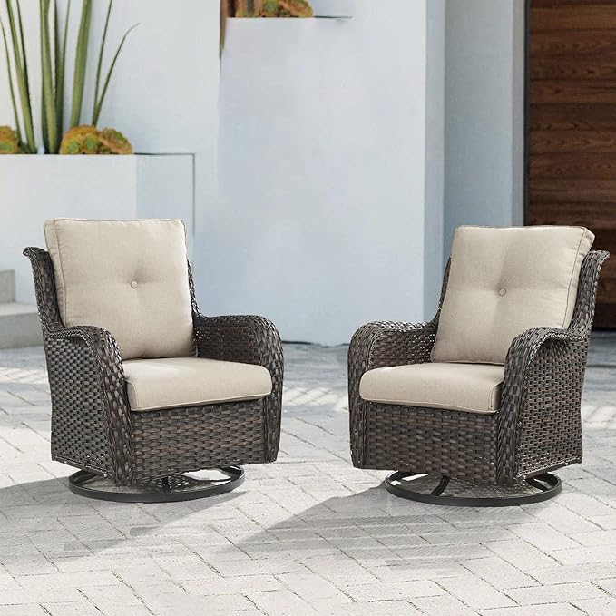 Outdoor Patio Swivel Rocker Chairs - Wicker Rattan Patio Swivel Rocking Chairs Set of 2 with High Back,Deep Seating and Comfort Cushions for Deck Porch Garden,Brown/Beige-VerdiqueGarden