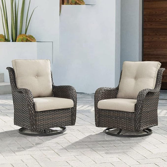Outdoor Patio Swivel Rocker Chairs - Wicker Rattan Patio Swivel Rocking Chairs Set of 2 with High Back,Deep Seating and Comfort Cushions for Deck Porch Garden,Brown/Beige-VerdiqueGarden