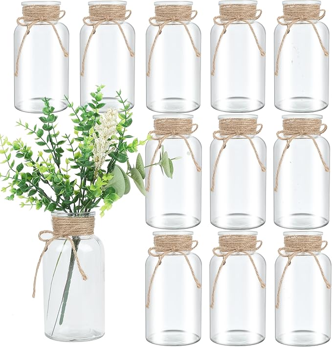 Vintage Glass Flower Vase，12 Pack Farmhouse Transparent White Glass Centerpiece Vases Mason Jars for Weddings, Parties & Home Decor Bulk (12, Transparent)-VerdiqueGarden
