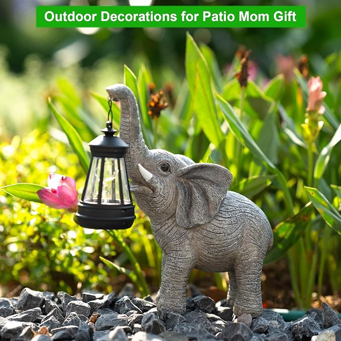 Solar Garden Statue Lights Elephants Figurine with Solar Lantern, Outdoor Yard Decorations for Patio Porch Home, Christmas Elephant Gifts for Women - Unique Housewarming Gifts-VerdiqueGarden