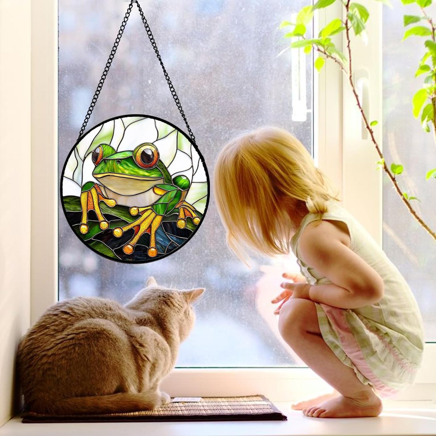 Stained Glass Window Hanging, Green Frog White Petals Sun Catchers Colorful Glass Panel Cute Suncatcher Decor for Birthday for Women, Men, Wife, Aunt, and Mom 9.8 in-VerdiqueGarden