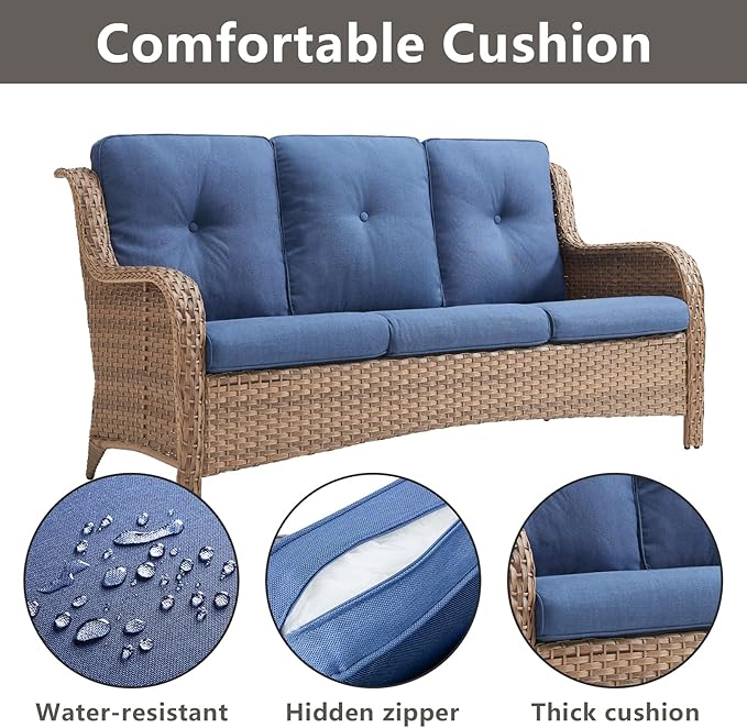 Outdoor Wicker Patio Furniture Set - 6 Piece Rattan Patio Conversation Set with 2 Rocking Swivel Chairs,2 Ottomans,1 Sofa and 1 Side Table for Porch Deck Backyard Garden(Yellow/Blue)-VerdiqueGarden