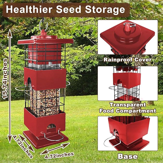Squirrel Proof Bird Feeder, 3LBS Large Capacity Hanging Bird Feeders for Outdoors, Weight-Activated Perches Metal Anti-Squirrel Birdfeeder for Blue Jay, Cardinal, Outside (Red)-VerdiqueGarden
