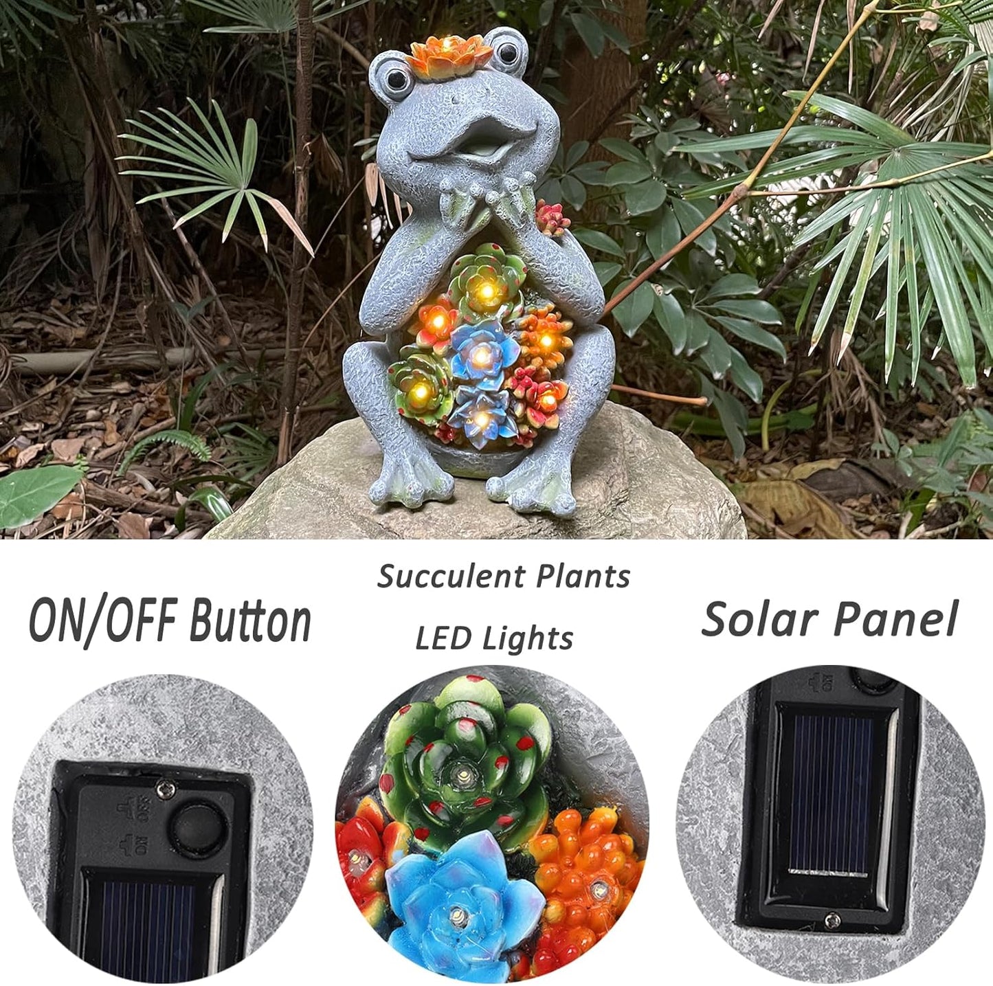 Solar Garden Frog Statues with Outdoor Light for Outdoor Decor Succulent and 8 LED Lights Solar Frog Art Decor for Lawn Yard Decor Gifts for Women Mother's Day Birthday-VerdiqueGarden