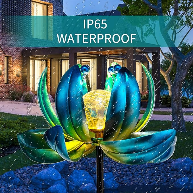 Huaxu Solar Outdoor Lights 35.4In Garden Decor Flower Wind Spinners,Waterproof LED Crackle Glass Globe Blue Lotus Art Metal Stake for Lawn Patio Pathway Yard Porch Driveway Decorations Gift-VerdiqueGarden