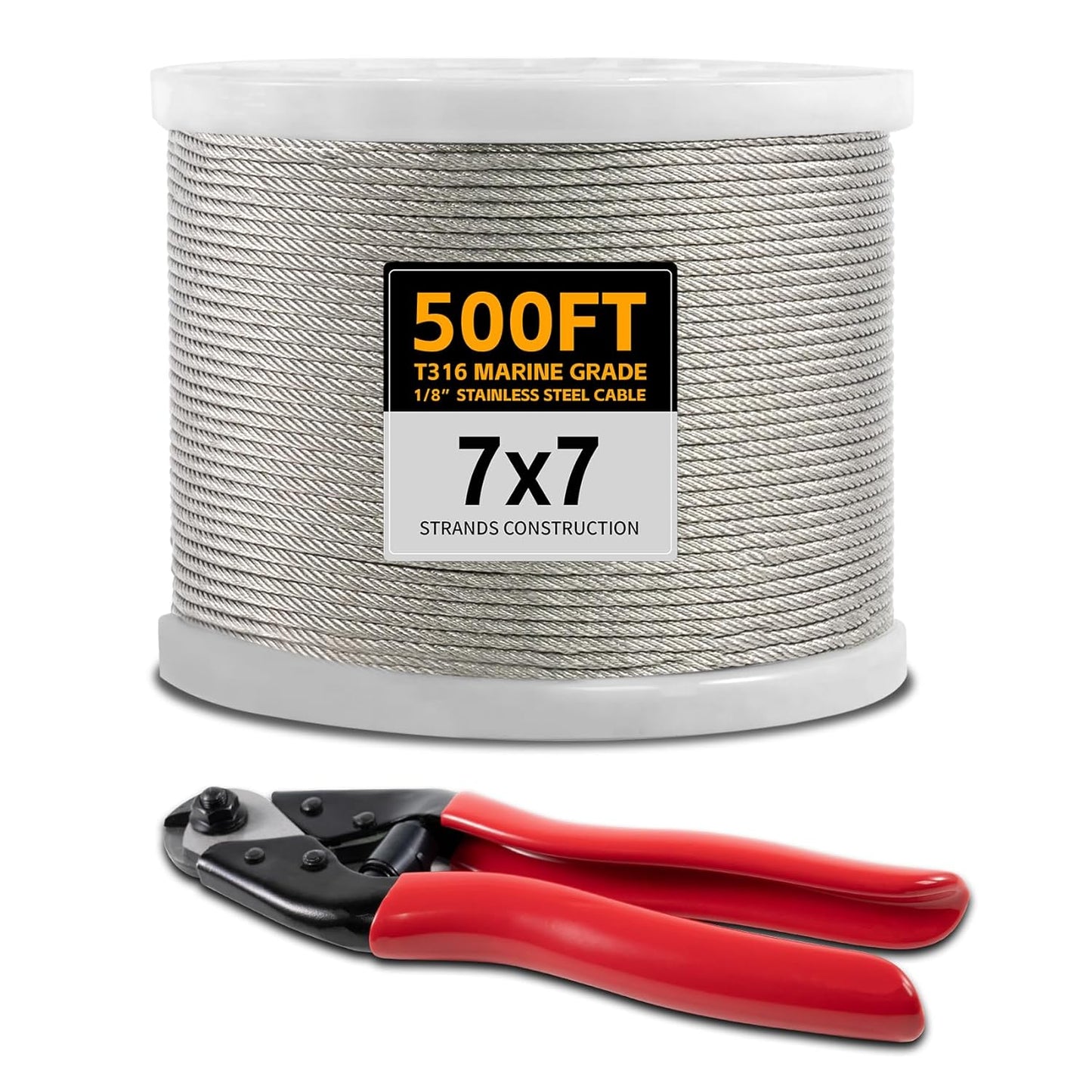 500FT 1/8" Stainless Steel Cable Wire Rope with Cutter, Cable for Deck Railing, 1800 lb Breaking Strength 7x7 Strands, T316 Aircraft Cable for Stair, Fence, Porch-VerdiqueGarden