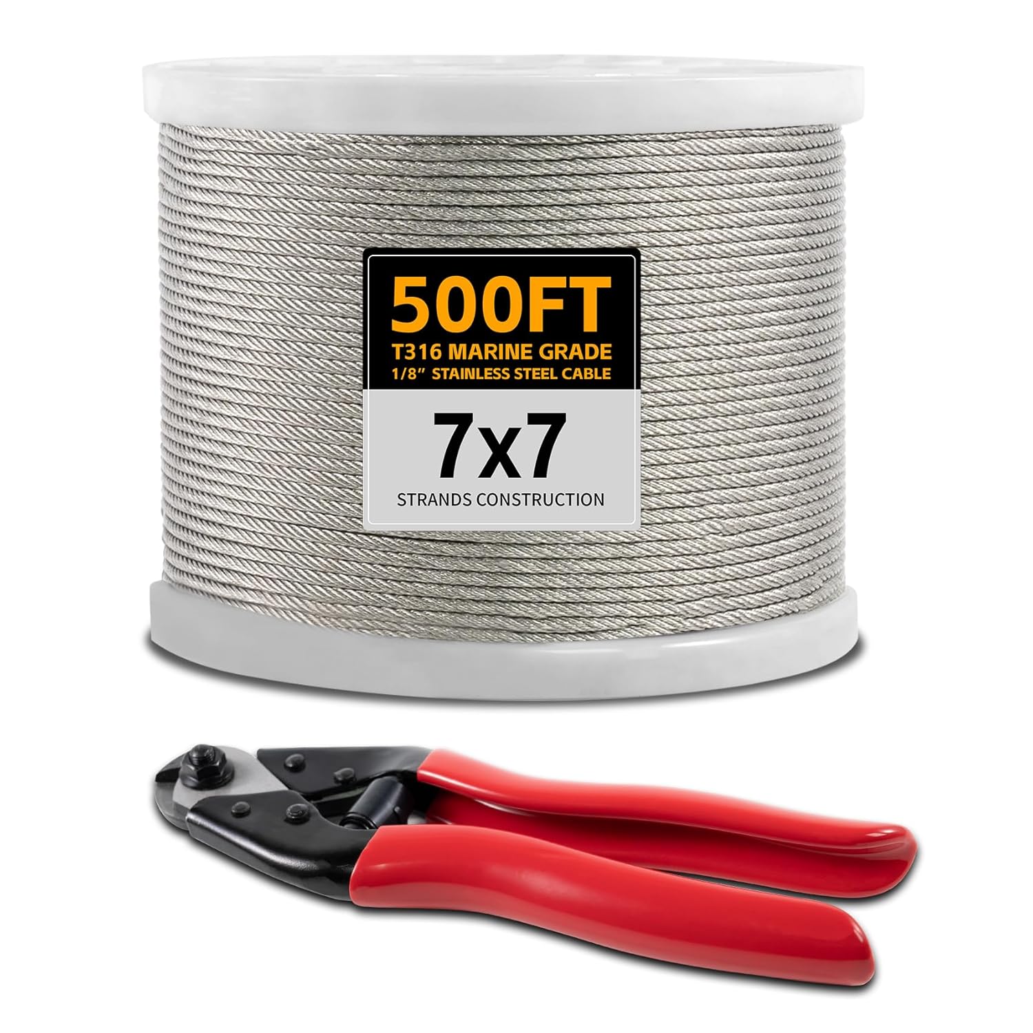 500FT 1/8" Stainless Steel Cable Wire Rope with Cutter, Cable for Deck Railing, 1800 lb Breaking Strength 7x7 Strands, T316 Aircraft Cable for Stair, Fence, Porch-VerdiqueGarden