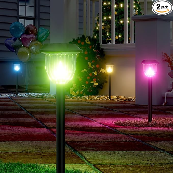 AOSEA 2 Pack Solar Pathway Lights Outdoor Waterproof - Auto RGB Color Changing Solar Lights, IP65, 12H Bright, Durable Plastic - Perfect for Garden & Walkway-VerdiqueGarden