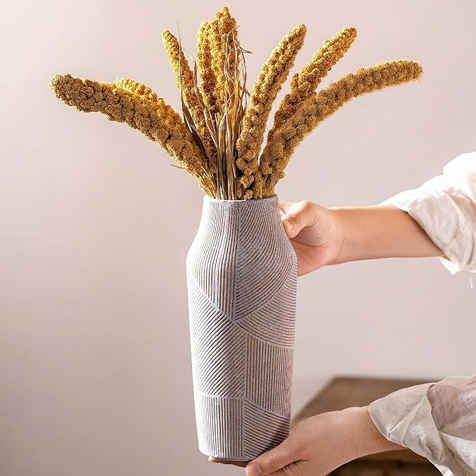 Vintage Ceramic Flower Vase, Terracotta Farmhouse Decorative Rustic Stone Clay Floral Vase, Concrete Grey Home Decor for Living Room, Entryway, Kitchen, Bedroom, Bathroom and Shelf 9.6 Inch-VerdiqueGarden