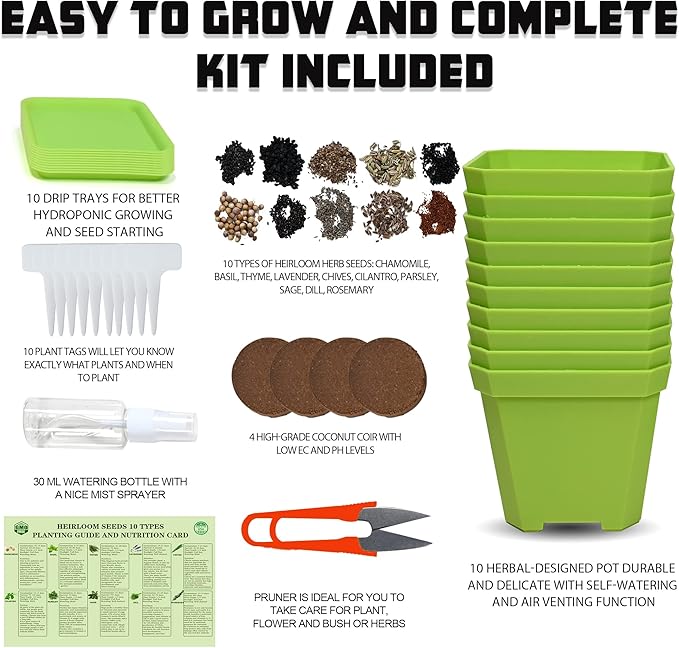 10 Herb Seeds Garden Starter Grow Kit with Green Pots, Markers, Nutritional Soil, Watering, Herb Clipper, Complete Indoor Potted Plant Growing Set for Kitchen DIY-VerdiqueGarden