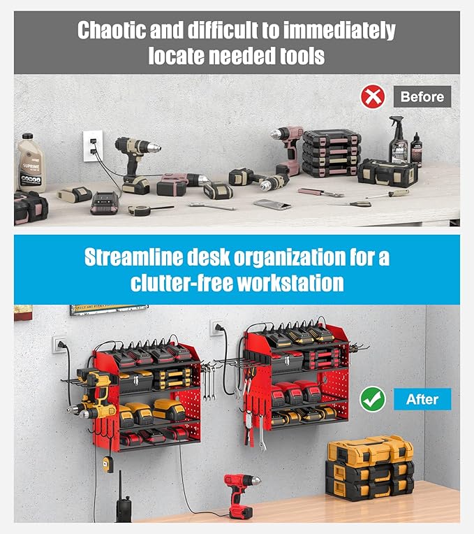 CCCEI Modular Desk Power Tools Organizer with Charging Station, 4 Layer Drills Battery Storage Wall Mount, Garage Shop Organization, Anniversary, Birthday, Gifts for Men, Father, Red, 10FT Cord.-VerdiqueGarden