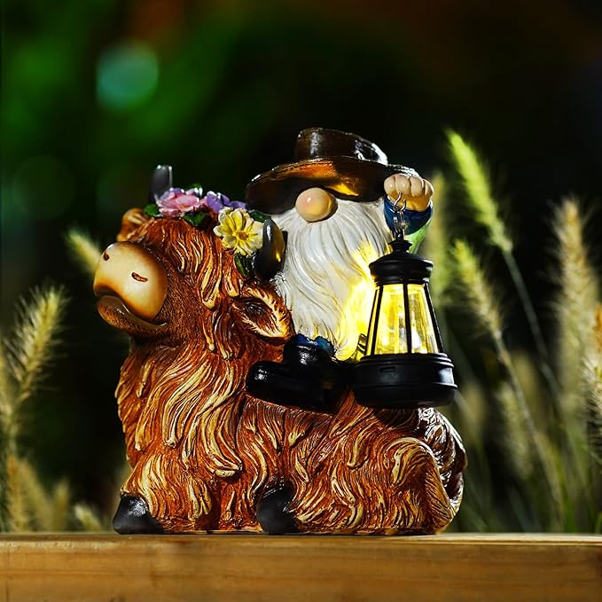 Solar Highland Cow Gnome Garden Decorative Statue - Detachable Lantern - Outdoor Fun Decoration, Suitable for Patio, Back Porch, Table Ornaments, Unique Housewarming, Birthday Gifts for Women, Mom-VerdiqueGarden