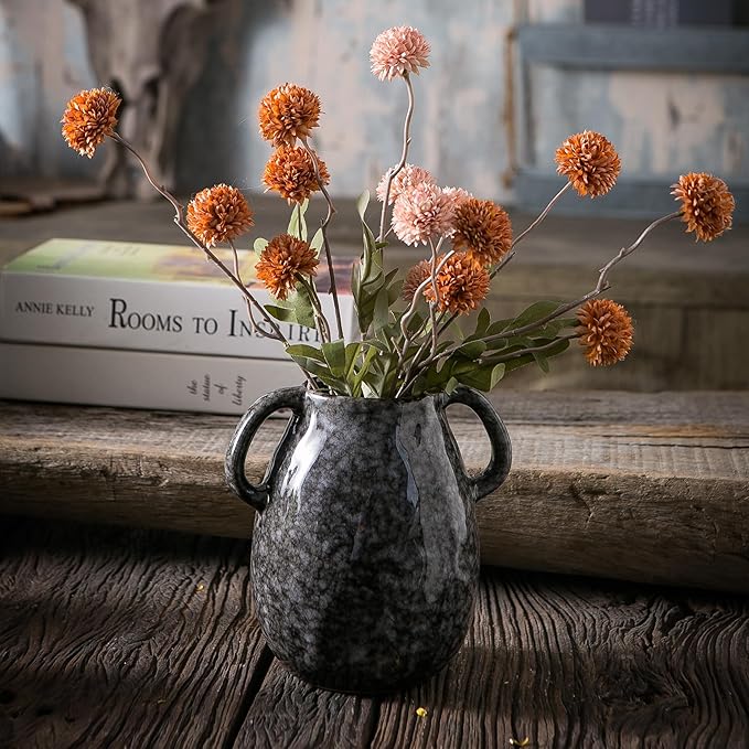 Black Ceramic Vase with 2 Handles, Modern Farmhouse Decor, Rustic Terracotta Pottery, Decorative Flower Vases, Clay Small Vase, Centerpiece for Dining Table - 7 Inch Tall-VerdiqueGarden