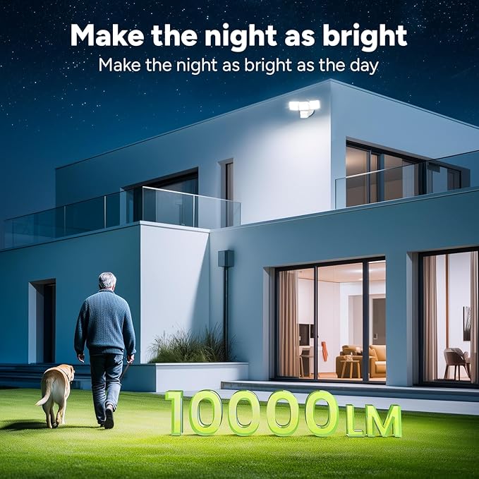 OREiN 10000LM Flood Lights Outdoor, 180°/75FT Motion Sensor Outdoor Lights 4 Modes Dimmable Dusk to Dawn Floodlights IP65 Waterproof for 8000SQ.FT Area for Big Patio, Driveway, White (Hardwired)-VerdiqueGarden