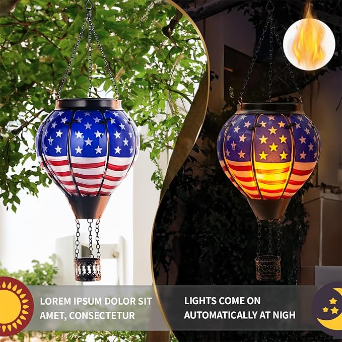 Hot Air Balloon Solar Lantern Outdoor - Flame Hanging Solar Light Waterproof Lanterns for Patio Garden Yard Farmhouse Decor, Great Gift(Flag)-VerdiqueGarden