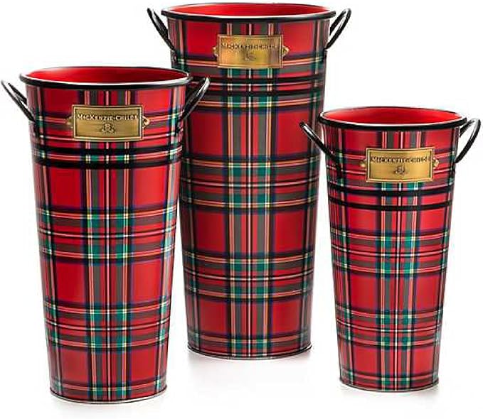 MACKENZIE-CHILDS Galvanized Flower Buckets, Decorative Metal Buckets, Tartastic, Set of 3-VerdiqueGarden