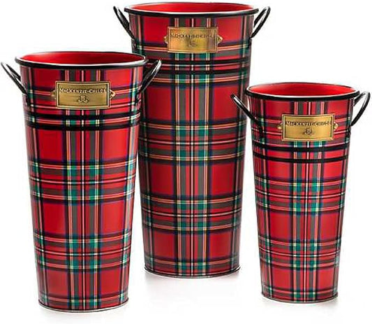 MACKENZIE-CHILDS Galvanized Flower Buckets, Decorative Metal Buckets, Tartastic, Set of 3-VerdiqueGarden