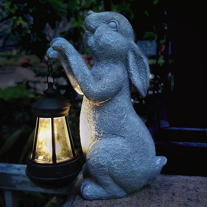 Rabbit Solar Garden Outdoor Statues,Resin Rabbit Figurine Decorations with Solar Lights Lantern, Outdoor Rabbit Art Decor for Lawn,Yard, Unique Housewarming Gift for Garden Home-VerdiqueGarden