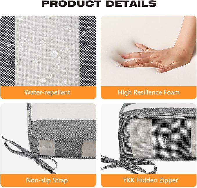Square Corner Seat Cushions, 18.5" x 16" x 3", Set of 4, Indoor Outdoor Water Repellent Universal Chair Pads with Ties for Patio Furniture, Garden Deck Dining Chairs, Gray Stripe-VerdiqueGarden
