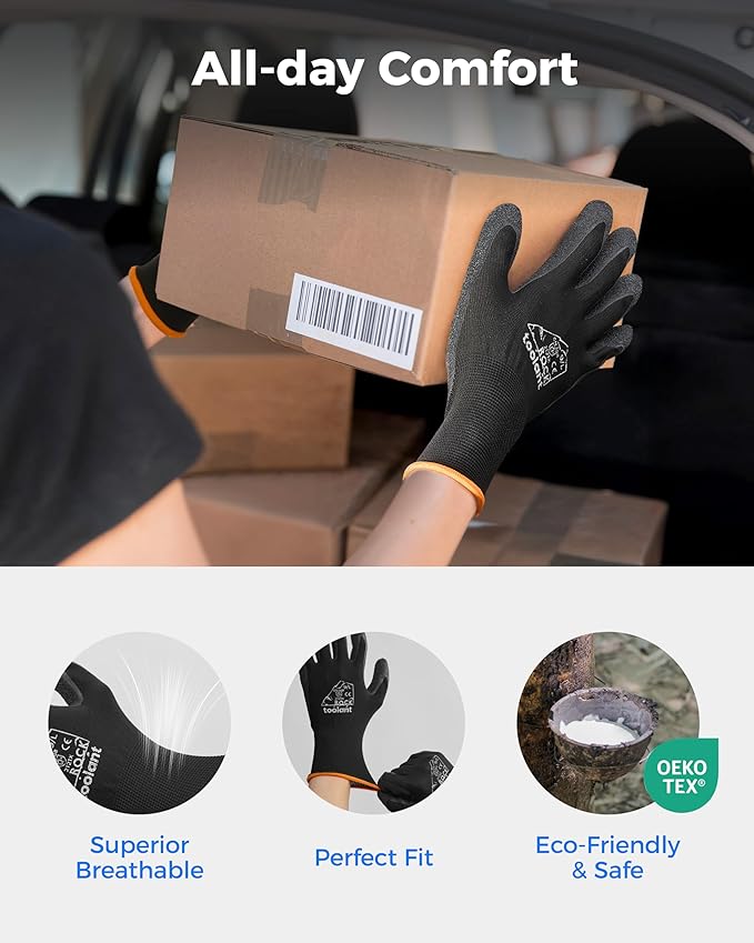toolant Crinkle Latex Work Gloves Bulk, Rubber Coated Safety Work Gloves for Men and Women, 12 Pairs for Construction, Gardening, Warehouse (Black, Small)-VerdiqueGarden