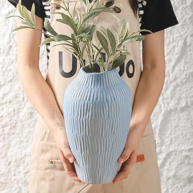 Ceramic Vase for Home Decor,11.6 Inch Flower Vases，Decorative Blue Vase for Pampas Grass，Modern Art Texture Vases for Home Entryway Living Room Dining Table Farmhouse Office Decor-Mat Blue-VerdiqueGarden
