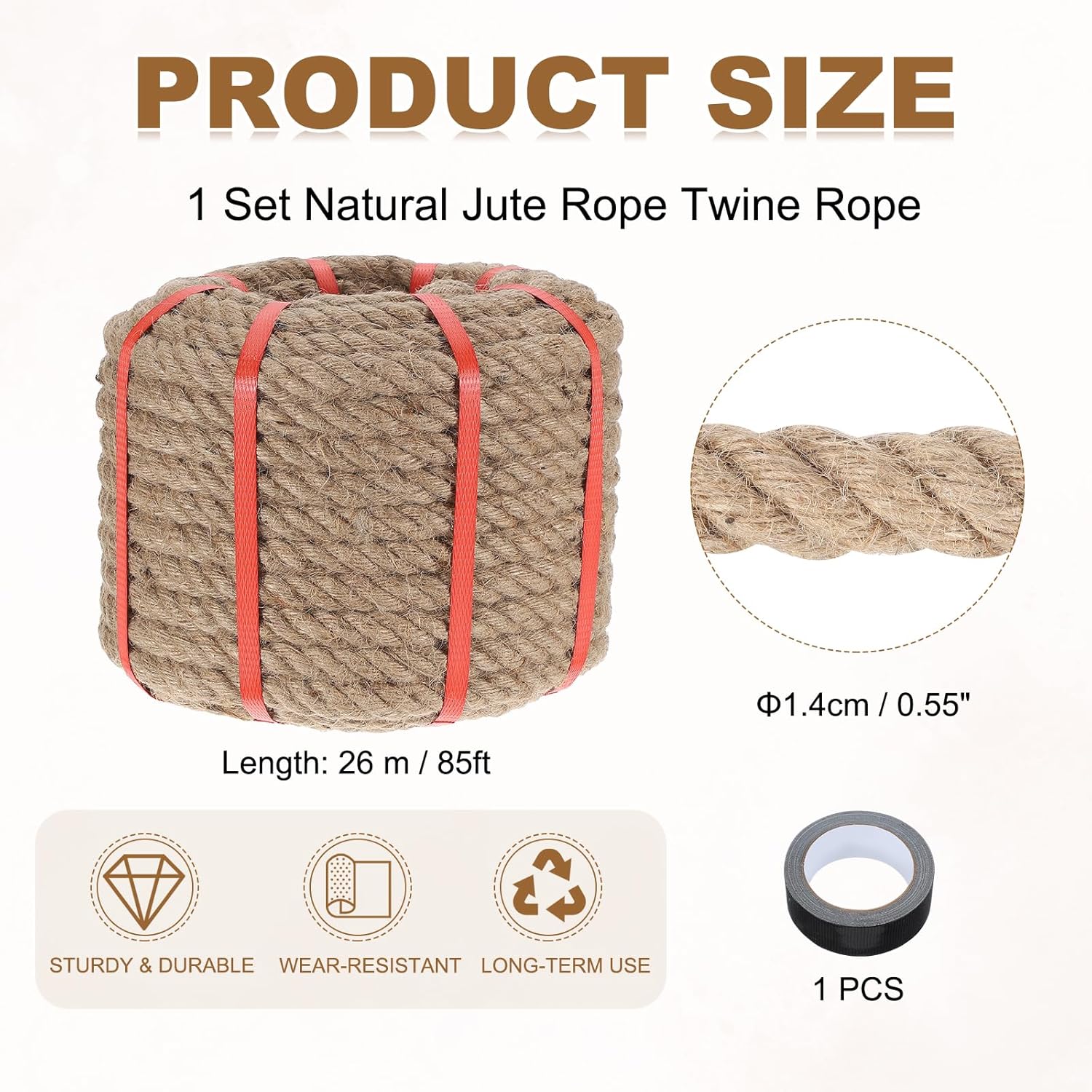 MECCANIXITY Jute Rope 0.55 Inch x 85ft, Thick Twine Rope Ropes Braided Jute Twine Natural Brown Burlap Cord String Heavy Twisted with Tape for Decorative Crafts Railing Swing Tug of War-VerdiqueGarden