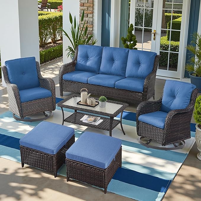 Outdoor Wicker Patio Furniture Set - 6 Piece Rattan Patio Conversation Set with 2 Rocking Swivel Chairs,2 Ottomans,1 Sofa and 1 Coffee Table for Porch Deck Backyard Garden(Brown/Blue)-VerdiqueGarden