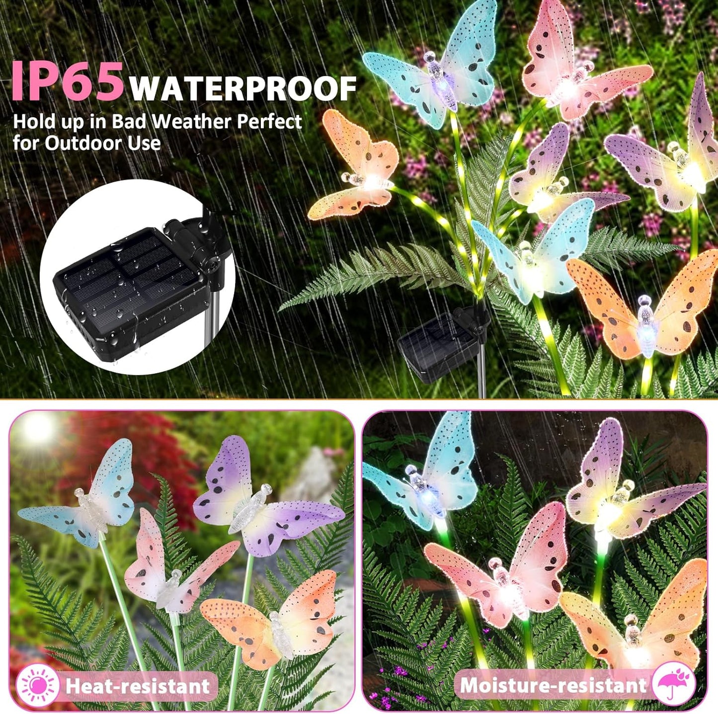 Solar Garden Lights 4 Pack Waterproof Decorative Solar Lights Outdoor with Glowing Stems,7-Color Changing ‎Fiber Optic Butterfly Light for Outside Yard Lawn Garden Decor, Gifts for Women-VerdiqueGarden