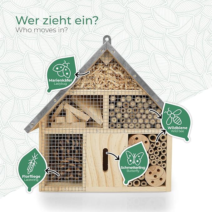 Insect Hotel - Pollinator House and Bug Condo for a Snug Home Outdoors - Garden Habitat for Bees, Ladybugs, and Butterflies - Natural Wood and Metal Construction - 10 x 3X 11 inches-VerdiqueGarden