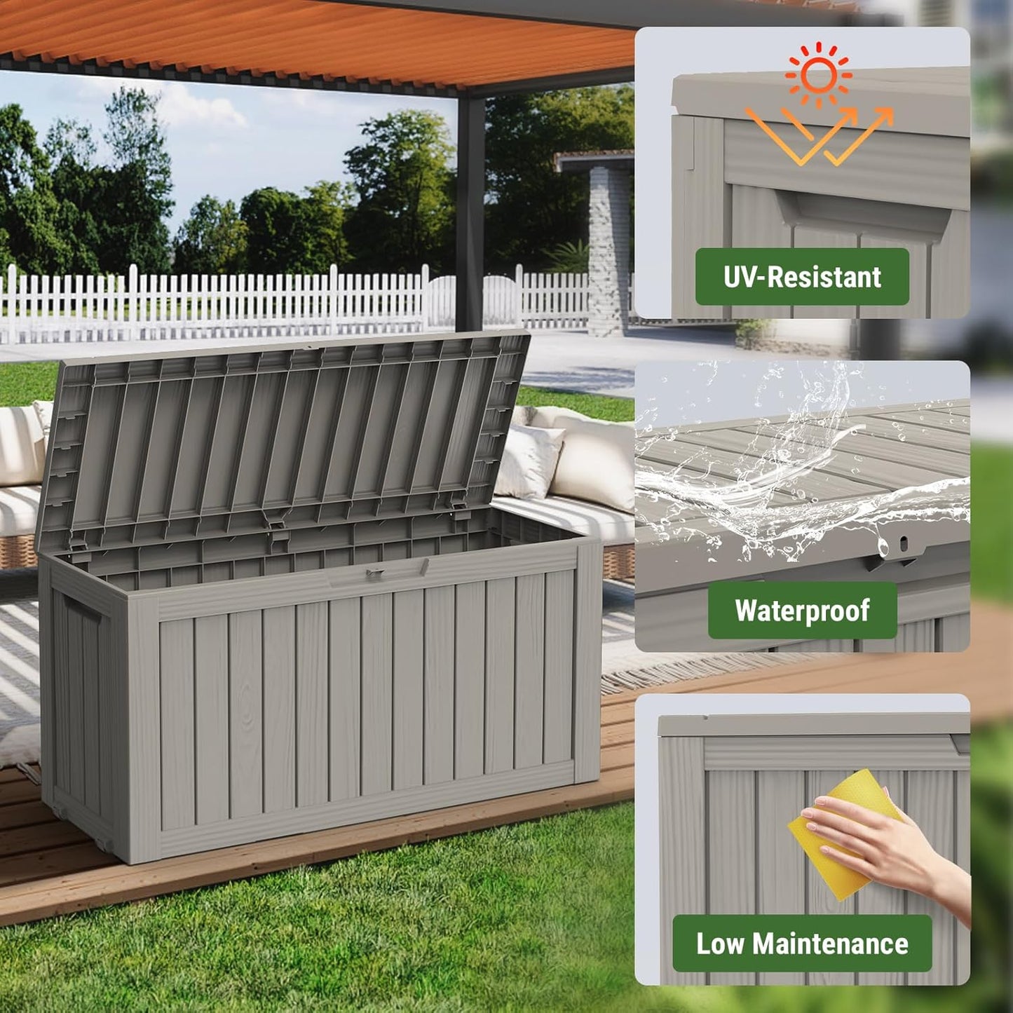 Mars Villa 72 Gallon Deck Box, Outdoor Storage Box Waterproof, Outside Resin Storage Bin for Patio Furniture Cushions, Pool Supplies, Garden Tools, UV-Resistant and Weatherproof, with 4 Wheels, Greige-VerdiqueGarden