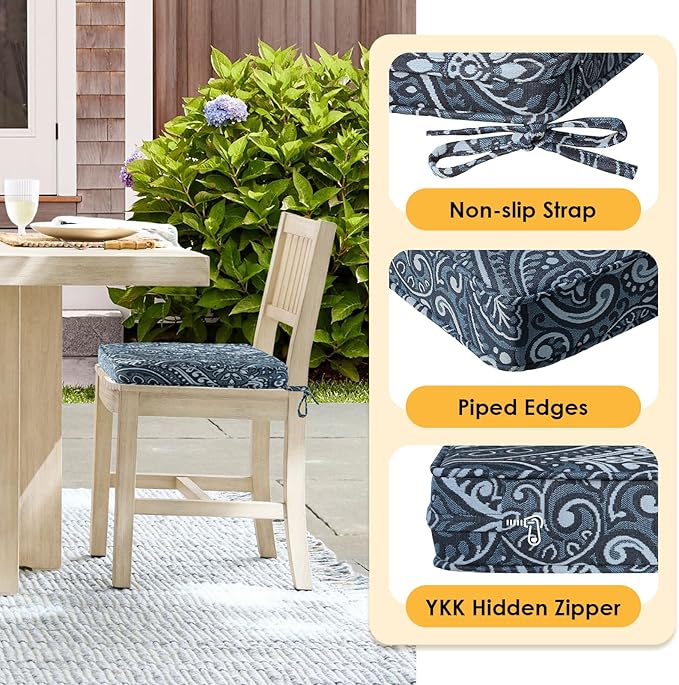 Outdoor Square Corner Seat Cushion, 18.5"x16"x3", Set of 4, Non Slip Seat Cushion Pads with Removable Cover for Patio Furniture, Garden Yard Lawn, Damask Vine-VerdiqueGarden