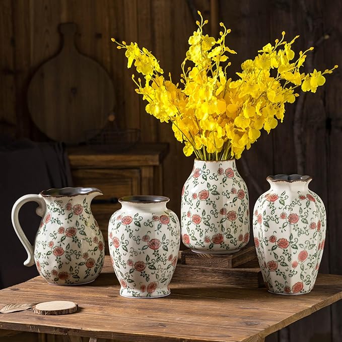 Green and Beige Vintage Round Vase, Red Rose Chinoiserie Floral Vase, Antique Decorative Ceramic Flower Vases for Bouquet, Home Decor, Living Room, Bookshelf, Office, Cottage Core Home Decor 8 Inch-VerdiqueGarden