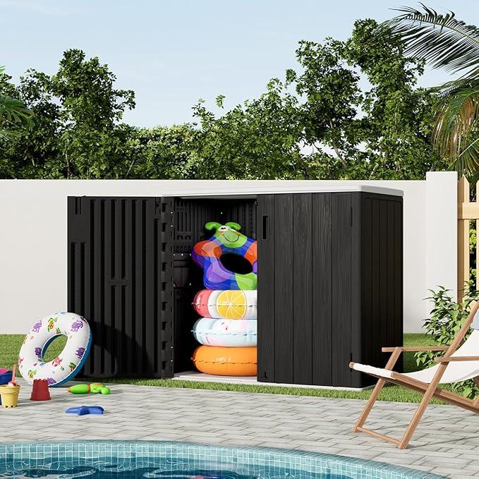 KINYING Outdoor Horizontal Storage Sheds,37 Cu.ft Outdoor Storage Cabinet Waterproof Resin Tool Storage Box for Lawn Mower,Garden Tools and Patio Furniture, Lockable (Black)-VerdiqueGarden