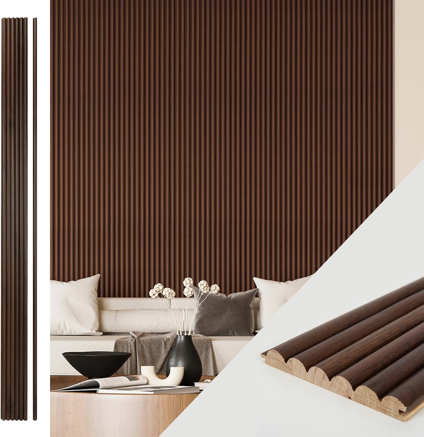 Art3d Fluted Wood Panel for Wall and Ceiling, Beaded Accent molding for Home Decoration, Pack of 4pcs + 1pc End-Trim, Size 108 x 5.7in.- Beaded Walnut-VerdiqueGarden