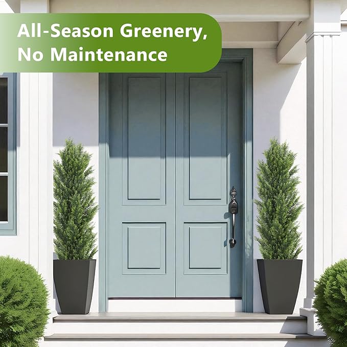 THE BLOOM TIMES 5ft Topiary Trees Artificial Outdoor – UV Resistant Faux Cedar Pine Cypress Bushes and Shrubs, Fake Potted Plants for Front Porch Outside Planter Patio Decor, Set of 2 (5 Foot)-VerdiqueGarden