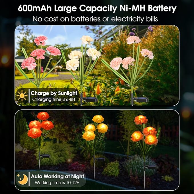 Solar Flowers Outdoor Waterproof, Solar Carnation Stake Lights Outside with 12 Real Looking Flowers for Yard Decorations Outdoor, Front Yard, Garden, Flower Bed, Lawn, Patio Decor (3 Pack)-VerdiqueGarden