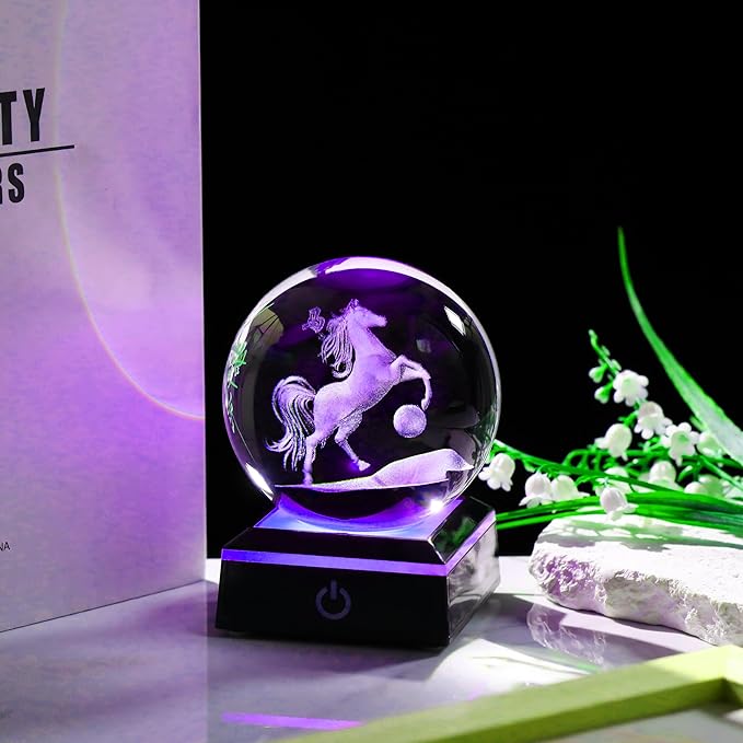 Qianwei Horse Gifts for Women 3D Crystal Ball 3.14'' - Laser Horse Decor Glass Animals Horse Gifts Figurines Statue Stuff for Room Decorations Horse Night Light-VerdiqueGarden